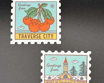 2-Pack Greetings from Traverse City Sticker Set – Cherries and Historic State Hospital Designs