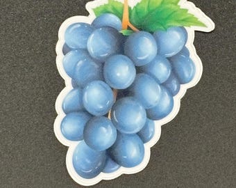 May include: A sticker featuring a cluster of blue grapes with a green leaf and a yellow stem. The grapes have a glossy appearance and are set against a white border.
