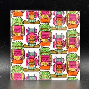 May include: A white square tile featuring a repeating pattern of colorful backpacks. Each backpack is depicted with a vibrant mix of green, pink, orange, and purple, suggesting a theme of outdoor adventure and travel.