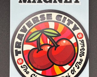 Traverse City Cherry Magnet | 3 Inch Round Michigan Magnet | Cherry Capital of the World Gift | Souvenir | Up North Fridge Magnet