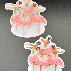 May include: Two stickers featuring illustrations of ballerinas. The ballerinas are depicted in pink petal-like skirts and green tops, with their arms gracefully extended. They are wearing pink pointe shoes and have dark hair.