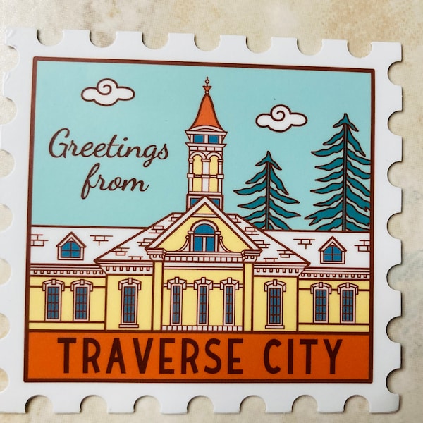 Greetings From Traverse City Sticker, Traverse City State Hospital, Vintage Stamp