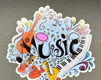 Music Collage Vinyl Sticker: Musical Instruments, Laptop Decal