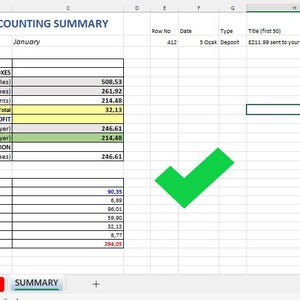 May include: A digital spreadsheet titled VAT / Non VAT - ETSY ACCOUNTING SUMMARY for the 2025-2026 tax year. The document displays financial data including turnover, expenses, net profit, and a detailed breakdown of Etsy fees with a green checkmark.