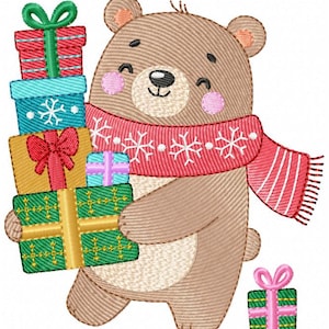 embroidery pattern Christmas bear gift gifts presents animals snow scarf winter Christmas season Happy holidays  surprise Embroidery design
