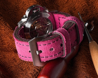 Cinturino per orologio in tela fucsia / Cinturino vintage foderato in pelle fatto a mano
