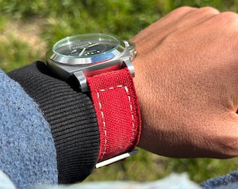Cinturino per orologio in tela rossa / Cinturino per orologio in vera pelle, foderato, cucito a mano, stile invecchiato