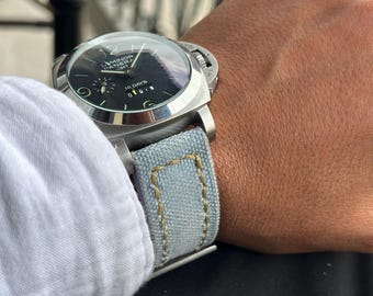 Cinturino per orologio in tela azzurra fatto a mano – Cinturino in tessuto stile militare, disponibile in misure personalizzate.