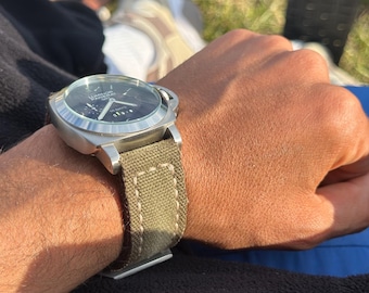 Cinturino per orologio in tela verde / Fatto a mano / Foderato in pelle / 18–26 mm