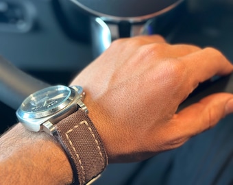 Cinturino per orologio in tela marrone scuro / Fatto a mano vintage / Foderato in pelle / 18–26 mm