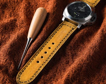 Cinturino per orologio in pelle giallo personalizzato, tela patinata gialla