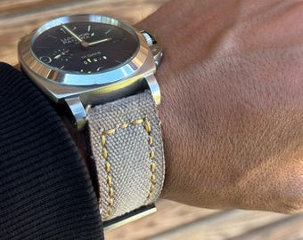 Cinturino per orologio in tela grigia patinata, realizzato a mano / Foderato in vera pelle, stile militare