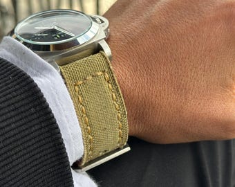 Cinturino per orologio in tela verde chiaro / Cinturino in stile militare foderato in pelle fatto a mano