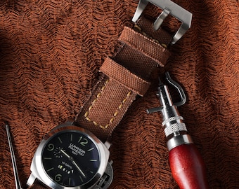 Cinturino per orologio in tela marrone chiaro fatto a mano / foderato in pelle, stile vintage, patina robusta