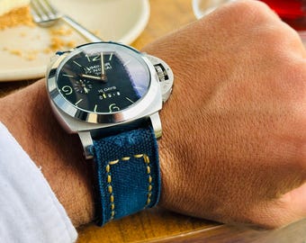 Cinturino per orologio in tela blu fatto a mano / Cinturino in stile militare vintage rivestito in pelle