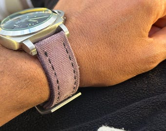 Cinturino per orologio in tela fatto a mano – Cinturino in tessuto viola stile vintage – Foderato in pelle