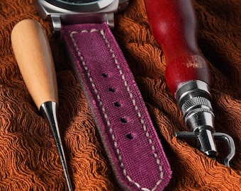 Cinturino per orologio in pelle personalizzato fatto a mano viola, tela patinata magenta