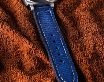 Cinturino per orologio in pelle personalizzato fatto a mano, tela patinata blu