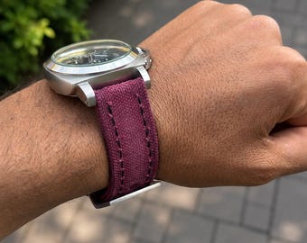 Cinturino per orologio in tela viola fatto a mano, cuciture artigianali, cinturino da polso in stile vintage