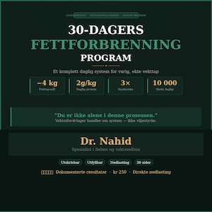 May include: Dark green graphic with text promoting a 30-day fat-burning program. The program includes daily protein intake, strength training, and a daily step goal. The text also features the name "Dr. Nahid" and the phrase "Documented results."