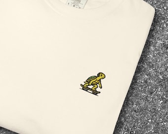 Embroidered Turtle Skateboard T-Shirt | Funny Minimal Animal Shirt | Streetwear Embroidery Tee | Comfort Colors Shirt | Small Chest Design