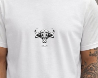 African Buffalo Sketch T-Shirt - NYATI Swahili Wildlife Minimal Safari Tee - Hand Drawn Safari Animal Shirt - Swahili name tee