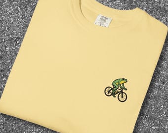 Embroidered Frog on Bicycle T-Shirt - Minimal Animal Design, Cute Streetwear Tee, Small Chest Embroidery, unisex Garment-Dyed T-shirt