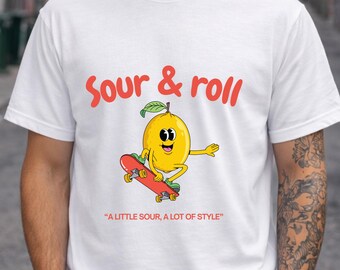 Sour & Roll T-Shirt, Funny Lemon Skateboard Tee, Quirky Food Graphic Shirt, Streetwear Graphic Tee, Unisex Summer Shirt, Visionxlab tee