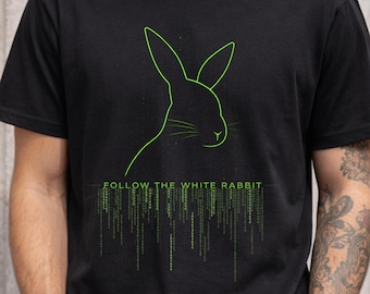 Cyber Rabbit T-shirt - Follow the white rabbit - Matrix inspired minimal neon - graphic tee - Streetwear black shirt