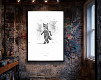 Fox on the Wire - Minimal Surreal Poster - Unreal Series - Motivational Wall Art - Black and White Art Print - visionxlab art
