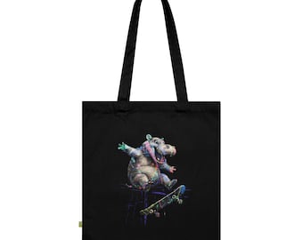 Tote bag in organic cotton - Skateboarding Hippo art print - street art animal - tote bag - THE UNREAL SERIES