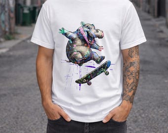 Happy Hippo T-shirt - Skateboarding Hippo - Street art - Hippo on skate - THE UNREAL SERIES - Streetwear shirt- funny hippo - creative tee