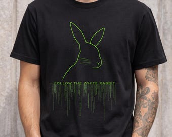 Cyber Rabbit T-shirt - Follow the white rabbit - Matrix inspired minimal neon - graphic tee - Streetwear black shirt