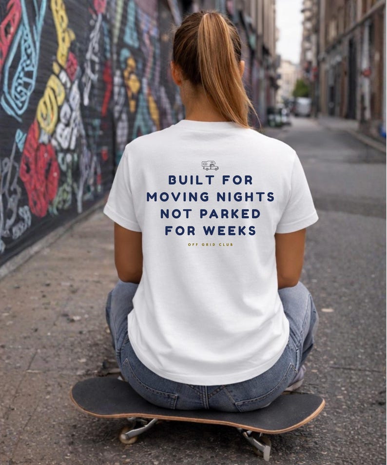 Built for moving nights Tee - Off Grid Shirt | Minimal Camper Van Life Shirt | Poster Tee | Camping Quote Graphic | Outdoor Nomad Apparel image 2