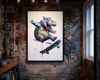 Happy hippo art prints - unreal series - visionxlab design - Poster Happy Hippo - Skateboarding Hippo art print - street art poster