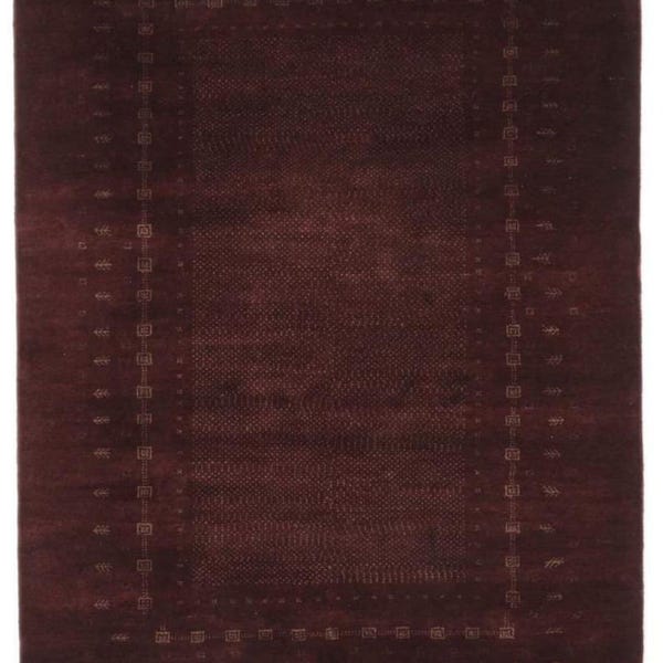 Burgundy Handloom Wool Rug with Tribal Border, Handmade Wine Color Area Rug, Modern Living Room Bedroom Rug