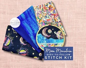 DIY Stitch Kit - Make a Moon Mountain Landscape - Learn to Sew Supply Kit with Tutorial Video - Fabric Needle Thread Stitching Hoop Included