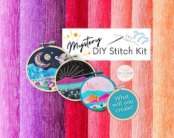 Mystery DIY Stitch Kit to Make Your Own Beautiful Fabric Art Mountain Landscape with Beginner Friendly Video Tutorial and Surprise Supplies