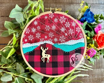 Holiday Home Decor Handmade Winter Mountain Landscape with Snow Deer Buffalo Plaid in Red Teal Black Nature Christmas Gift Textile Art