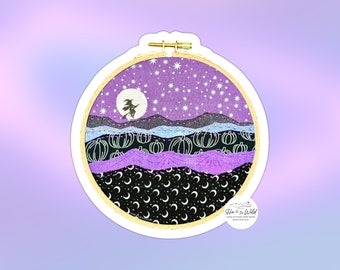 3" Sticker - Halloween Scene with Witch on Broomstick Flying Over Mountain Landscape with Moon - Embroidery Hoop Shape - Notebook Decal