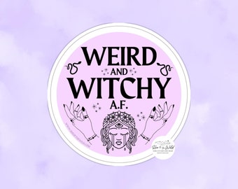 3" Sticker for Witches - "Weird and Witchy AF" Funny Word Art - Purple Circle Sticker - Wicca Spooky Witch Vibes - Water Bottle Decoration