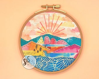 Mountain Sunset Wall Art Framed in Embroidery Hoop and Ready to Hang Dorm Decor for College Girls Apartment Handmade Housewarming Gift