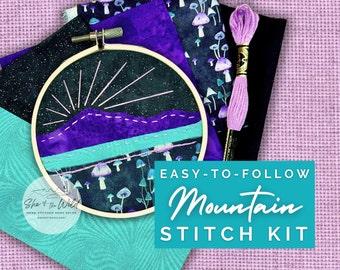 Easy DIY Slow Stitch Kit to Make Your Own Beautiful Fabric Collage Art of Night Sky Mountain Landscape with Beginner Friendly Video Tutorial