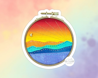 3" Sticker - Rainbow Mountain Landscape at Sunset with Moon - Embroidery Hoop Shaped Reproduction of Textile Art- Colorful Laptop Decoration