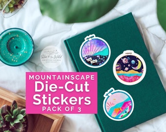 Sticker Bundle Pack of 3 - Durable Stickers for Nature Lovers Climbers Naturalists - Mountain Fabric Collage Landscape Art in Stitching Hoop