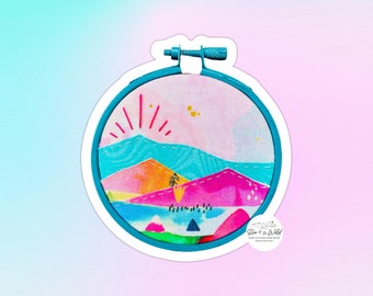 3" Sticker - Mountain Landscape in Teal Turquoise Bright Pink - Embroidery Hoop Shaped Reproduction of Textile Art - Colorful Laptop Decal