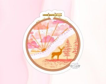 3" Sticker - Pink Mountain Landscape at Sunrise with Deer Antlers - Embroidery Hoop Shaped Reproduction of Textile Art - Notebook Adornment