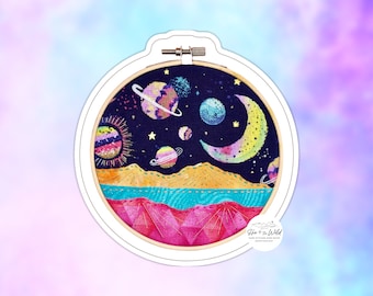 3" Sticker - Moon Mountainscape Nature Scene - Die Cut Reproduction of Celestial Fabric Art in Hoop - Colorful Water Bottle Decoration
