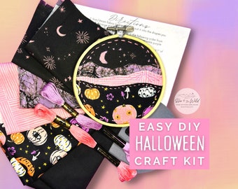 Easy DIY Stitch Kit to Make Your Own Halloween Textile Art with Pumpkin Patch and Sparkle Fabric for Spooky Season - Beginner Embroidery Kit