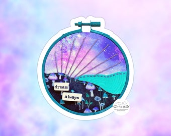 3" Sticker - Mountain Landscape with Cute Mushrooms in Teal Purple Turquoise - Embroidery Hoop Shaped - Durable Notebook Laptop Car Decal